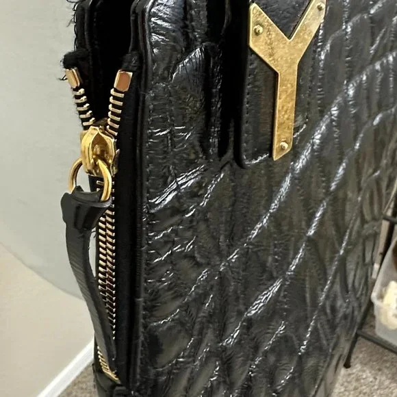 Vintage YSL Saint Laurent Black Patent Leather Croc Stitched Tribute Flat Tote